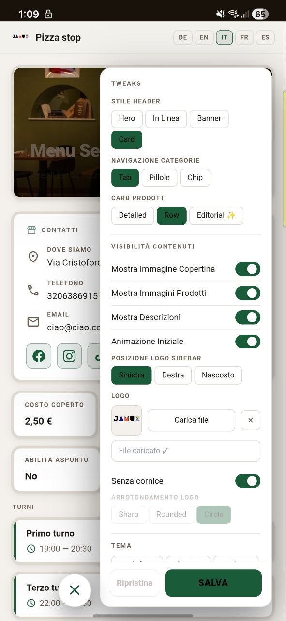 Schermata Personalizza Listino con anteprima live e selezione tema