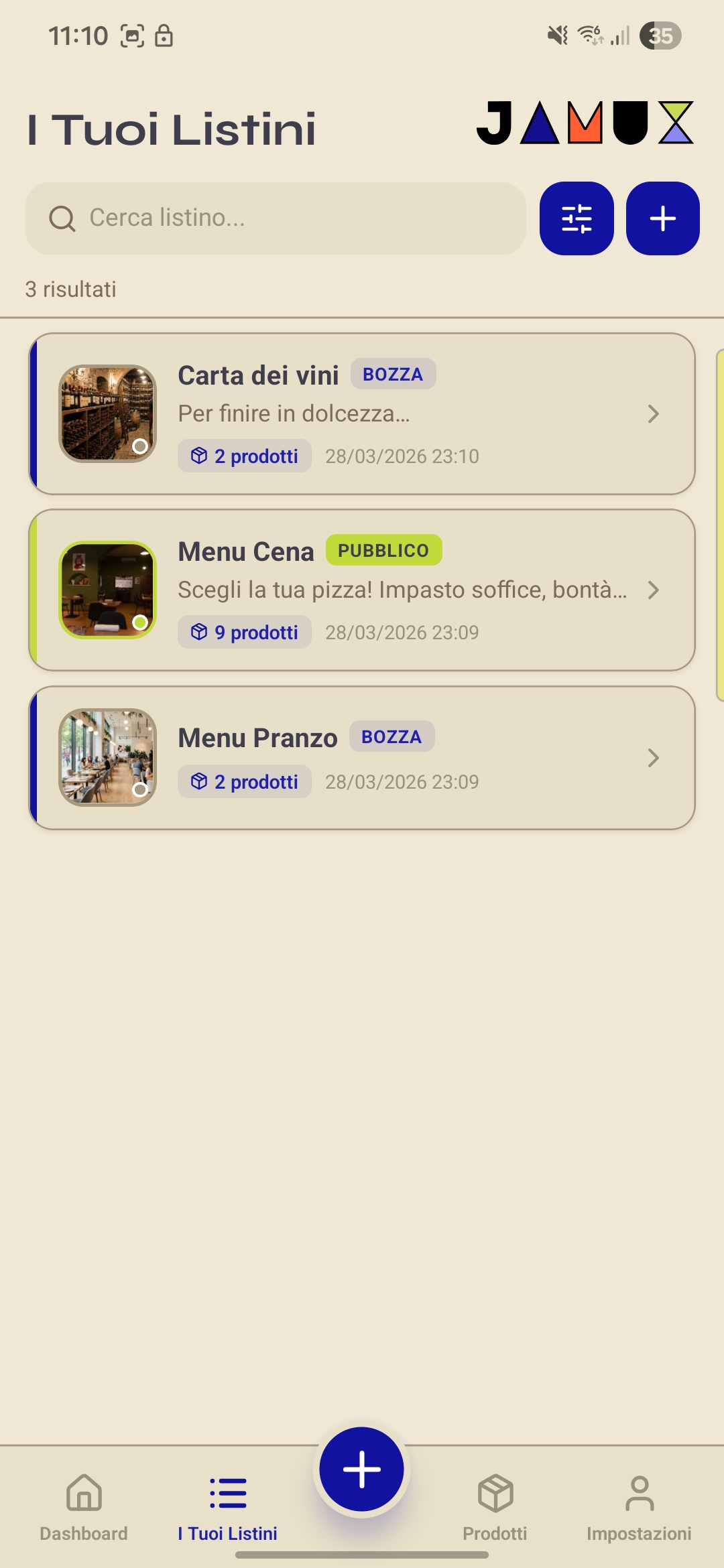 Schermata I tuoi Listini in JamuX