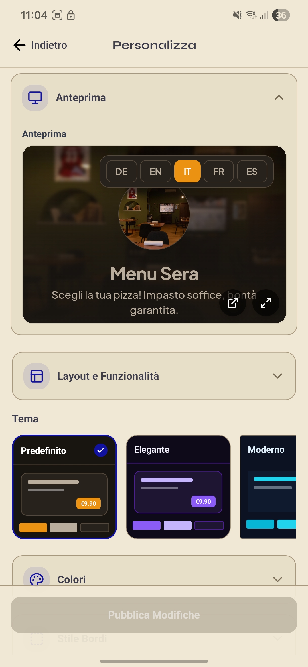 Schermata Personalizza Listino con anteprima live e selezione tema